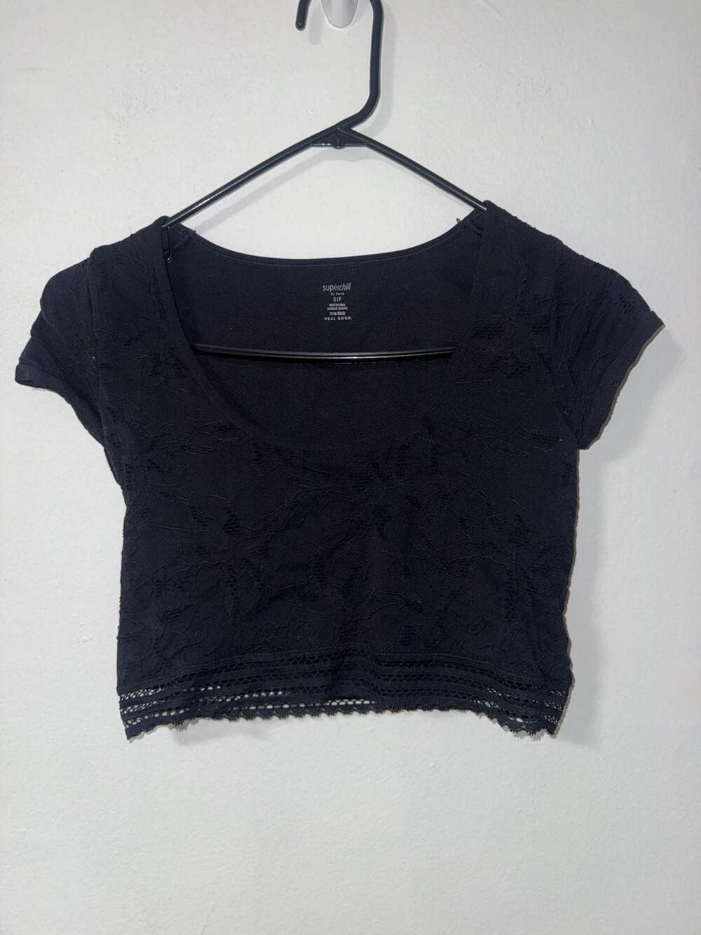 Aerie Superchill Floral Seamless Cap Sleeve Cropped Top Black S